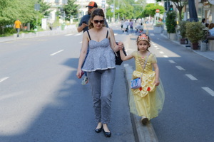 Mother and her girl walking